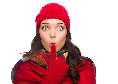 simsearch:400-06462603,k - Funny Faced Wide Eyed Mixed Race Woman Wearing Winter Hat and Gloves Isolated on White Background. Stock Photo - Budget Royalty-Free & Subscription, Code: 400-07170562