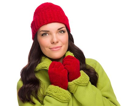 simsearch:400-06462603,k - Beautiful Mixed Race Woman Wearing Winter Hat and Gloves Isolated on a White Background. Stock Photo - Budget Royalty-Free & Subscription, Code: 400-07170864
