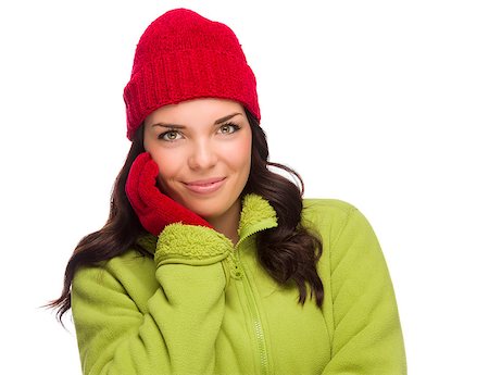 simsearch:400-06462603,k - Beautiful Mixed Race Woman Wearing Winter Hat and Gloves Isolated on a White Background. Stock Photo - Budget Royalty-Free & Subscription, Code: 400-07170865