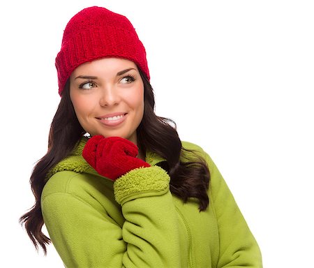 simsearch:400-06462603,k - Beautiful Mixed Race Woman Wearing Winter Hat and Gloves Isolated on a White Background Looking to the Side. Stock Photo - Budget Royalty-Free & Subscription, Code: 400-07170867