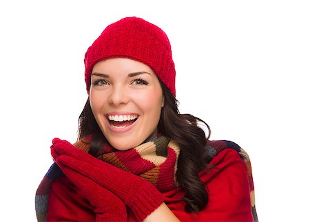 simsearch:400-06462603,k - Expressive Mixed Race Woman Wearing Winter Hat and Gloves Isolated on White Background. Stock Photo - Budget Royalty-Free & Subscription, Code: 400-07170862