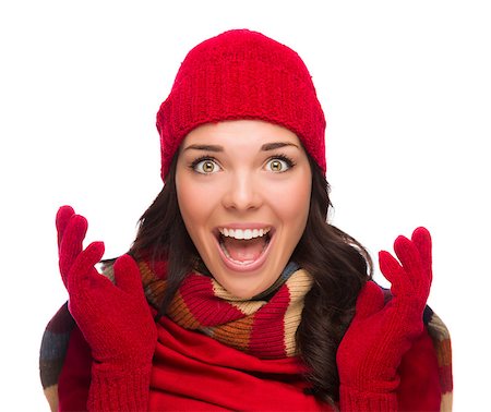 simsearch:400-06462603,k - Expressive Mixed Race Woman Wearing Winter Hat and Gloves Isolated on White Background. Stock Photo - Budget Royalty-Free & Subscription, Code: 400-07170863