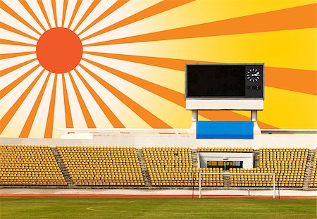 simsearch:400-06087440,k - Rows of orange seats on the stadium with scoreboard displaying clock above them and sun ray Foto de stock - Royalty-Free Super Valor e Assinatura, Número: 400-07171087