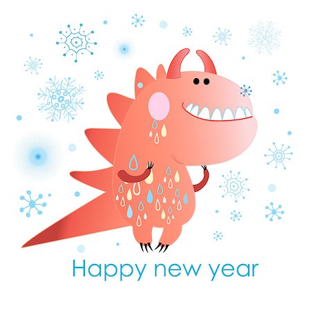 dinosaur cartoon background - Festive Christmas card with a red monster on a white background with snowflakes Stock Photo - Budget Royalty-Free & Subscription, Code: 400-07172197