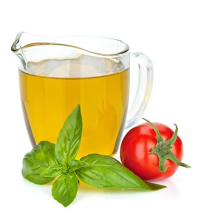 simsearch:400-04714958,k - Olive oil, tomato and basil leaves. Isolated on white background Foto de stock - Super Valor sin royalties y Suscripción, Código: 400-07172253