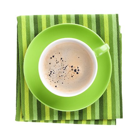 simsearch:400-05715392,k - Green coffee cup over kitchen towel. View from above. Isolated on white background Stockbilder - Microstock & Abonnement, Bildnummer: 400-07172431
