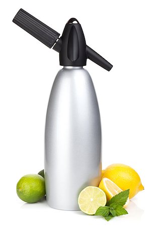 Soda siphon and citruses for home lemonade. Isolated on white background Stock Photo - Budget Royalty-Free & Subscription, Code: 400-07172606