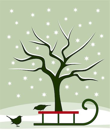 vector snowy tree and sledge with birds, Adobe Illustrator 8 format Photographie de stock - Aubaine LD & Abonnement, Code: 400-07172716