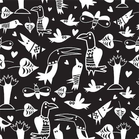 simsearch:400-07933418,k - Graphic seamless pattern with funny white birds on a black background Photographie de stock - Aubaine LD & Abonnement, Code: 400-07173075