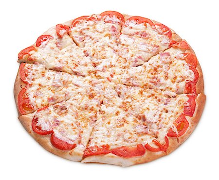 simsearch:400-05172569,k - Delicious italian pizza with ham, tomato and cheese isolated on white with clipping path Foto de stock - Super Valor sin royalties y Suscripción, Código: 400-07173345