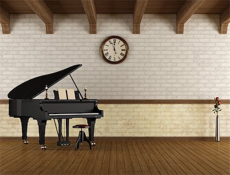 empty old living room - Grand piano in a empty vintage room  - rendering Stock Photo - Budget Royalty-Free & Subscription, Code: 400-07173402