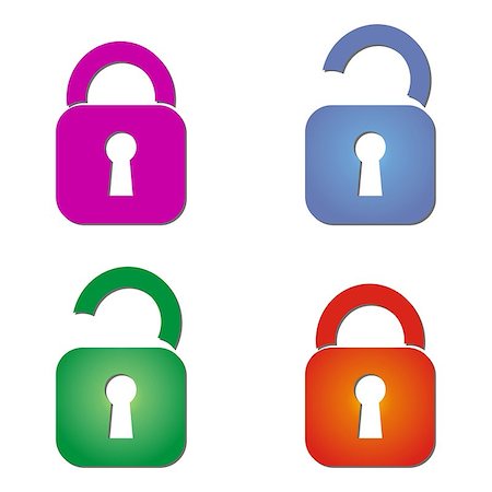 Set of four colored open and closed locks icons on a white background Stock Photo - Budget Royalty-Free & Subscription, Code: 400-07173668