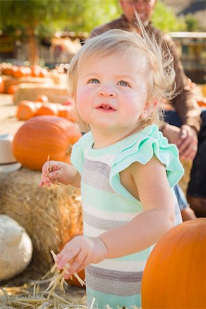 simsearch:400-07179959,k - Adorable Baby Girl Having Fun in a Rustic Ranch Setting at the Pumpkin Patch. Stockbilder - Microstock & Abonnement, Bildnummer: 400-07173774