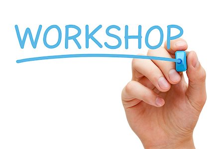Hand writing Workshop with blue marker on transparent wipe board. Stock Photo - Budget Royalty-Free & Subscription, Code: 400-07173813