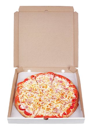 simsearch:400-08107342,k - Delicious italian pizza in cardboard box isolated on white with clipping path Stock Photo - Budget Royalty-Free & Subscription, Code: 400-07173850