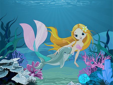 swim icon - Cute mermaid swimming with dolphin. Background Stock Photo - Budget Royalty-Free & Subscription, Code: 400-07173923