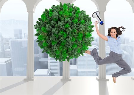 female business woman holding ball - Composite image of cheerful classy businesswoman jumping while holding megaphone Stock Photo - Budget Royalty-Free & Subscription, Code: 400-07184013