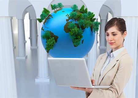 female business woman holding ball - Composite image of confident businesswoman holding laptop Stock Photo - Budget Royalty-Free & Subscription, Code: 400-07184122