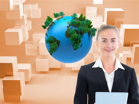 female business woman holding ball - Composite image of blonde businesswoman holding tablet Stock Photo - Budget Royalty-Free & Subscription, Code: 400-07184512