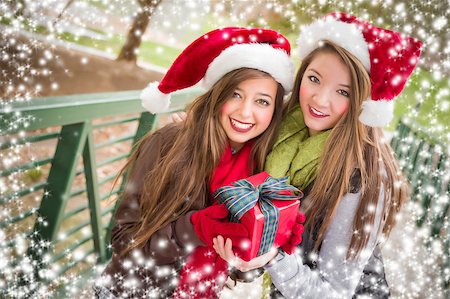 Two Attractive Festive Smiling Mixed Race Women Wearing Christmas Santa Hats Holding a Bow Wrapped Gift Outside with Snow Flakes Border. Stock Photo - Budget Royalty-Free & Subscription, Code: 400-07184857