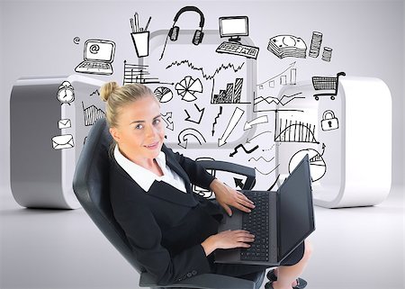 simsearch:400-07221808,k - Composite image of blonde businesswoman sitting on swivel chair with laptop Photographie de stock - Aubaine LD & Abonnement, Code: 400-07185869