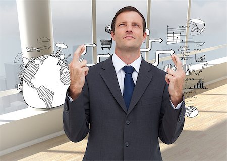simsearch:400-07190169,k - Composite image of serious businessman with fingers crossed is looking up Stock Photo - Budget Royalty-Free & Subscription, Code: 400-07186245