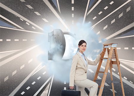 Composite image of businesswoman climbing career ladder with briefcase and looking at camera Stock Photo - Budget Royalty-Free & Subscription, Code: 400-07186797