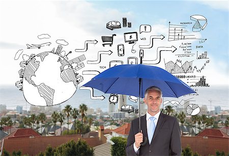 Composite image of businessman smiling at camera and holding blue umbrella Stockbilder - Microstock & Abonnement, Bildnummer: 400-07187619