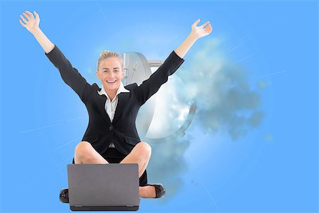 Composite image of attractive blonde businesswoman sitting in front of laptop with arms up Stock Photo - Budget Royalty-Free & Subscription, Code: 400-07188013