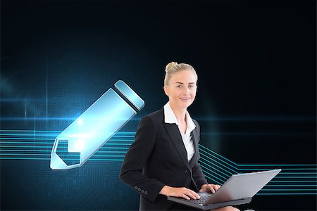 simsearch:400-07188518,k - Composite image of blonde businesswoman using laptop Foto de stock - Royalty-Free Super Valor e Assinatura, Número: 400-07188218