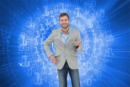 simsearch:400-07189305,k - Composite image of stylish man smiling and gesturing with hand up Stock Photo - Budget Royalty-Free & Subscription, Code: 400-07188320