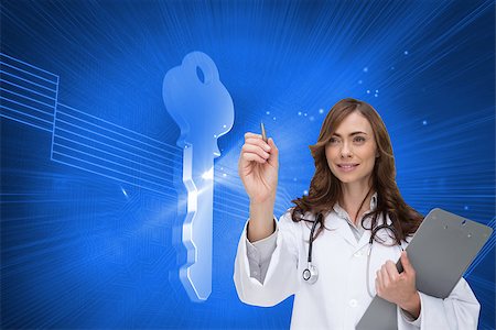 simsearch:400-07226299,k - Composite image of smiling brunette doctor pointing Stock Photo - Budget Royalty-Free & Subscription, Code: 400-07188354