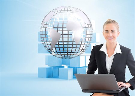 simsearch:400-07258232,k - Composite image of blonde businesswoman using laptop Foto de stock - Super Valor sin royalties y Suscripción, Código: 400-07188645