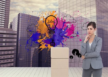 simsearch:400-07188422,k - Composite image of thoughtful businesswoman posing with cardboard boxes Foto de stock - Super Valor sin royalties y Suscripción, Código: 400-07188709