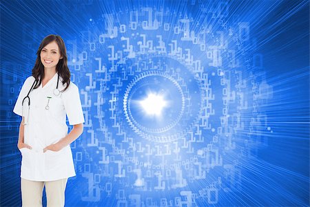 simsearch:400-07189305,k - Composite image of confident female doctor standing in front of the window while smiling Stock Photo - Budget Royalty-Free & Subscription, Code: 400-07188754