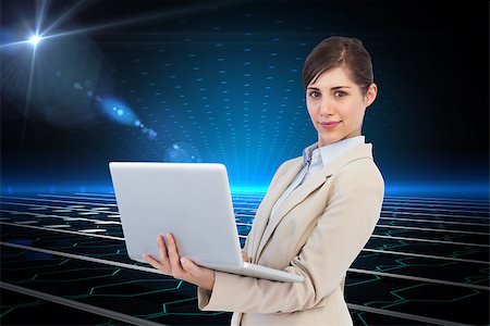simsearch:400-07188518,k - Composite image of confident young businesswoman with laptop Foto de stock - Royalty-Free Super Valor e Assinatura, Número: 400-07188752