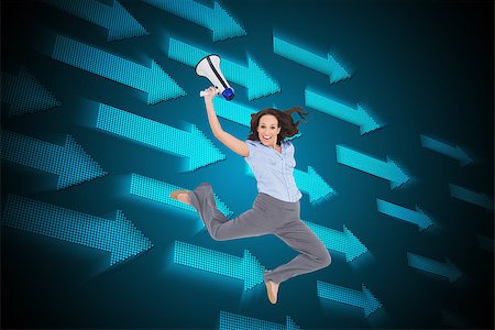 pattern digital tech cute - Composite image of cheerful classy businesswoman jumping while holding megaphone Stock Photo - Budget Royalty-Free & Subscription, Code: 400-07188870