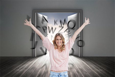 simsearch:400-06882578,k - Composite image of a full length shot of a smiling woman who has her arms raised up Stock Photo - Budget Royalty-Free & Subscription, Code: 400-07188972