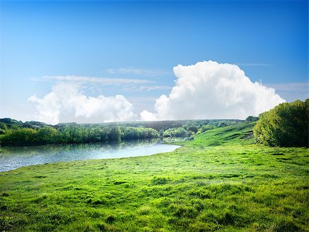 simsearch:400-06867510,k - River and the field on a sunny summer day Stock Photo - Budget Royalty-Free & Subscription, Code: 400-07189010