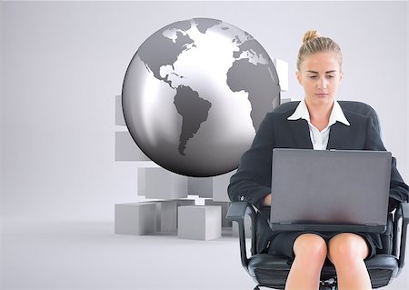 simsearch:400-07258232,k - Composite image of blonde businesswoman sitting on swivel chair with laptop Foto de stock - Super Valor sin royalties y Suscripción, Código: 400-07189117