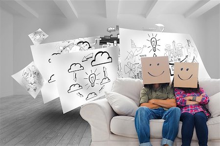 Composite image of silly employees with arms folded wearing boxes on their heads with smiley faces on a couch Stock Photo - Budget Royalty-Free & Subscription, Code: 400-07189730