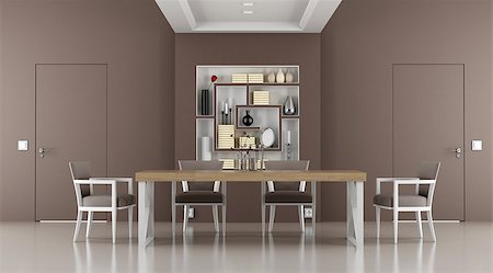 Brown dining room with two doors flush with the wall and bookcase - rendering Stock Photo - Budget Royalty-Free & Subscription, Code: 400-07180127