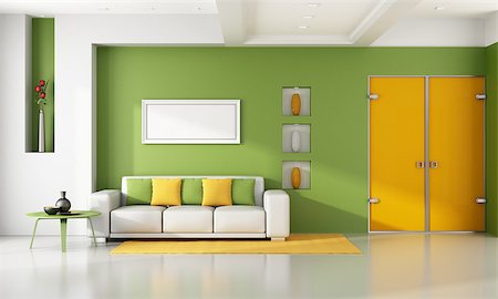 Green and orange modern livingroom - rendering Stockbilder - Microstock & Abonnement, Bildnummer: 400-07180128