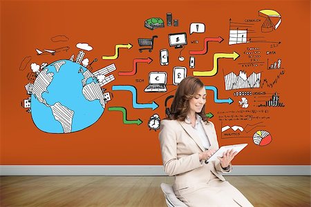 simsearch:400-06802290,k - Composite image of pleased businesswoman using a tablet pc sitting on chair in front of orange wall showing economic illustrations Stock Photo - Budget Royalty-Free & Subscription, Code: 400-07180243