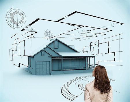 Composite image of brunette businesswoman looking at 3d house Stock Photo - Budget Royalty-Free & Subscription, Code: 400-07180375