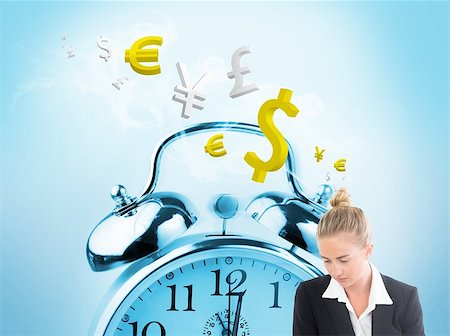 simsearch:400-06876570,k - Composite image of blonde businesswoman looking down in front of huge clock in background Photographie de stock - Aubaine LD & Abonnement, Code: 400-07180426