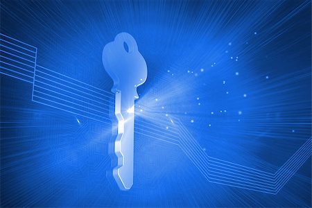 Digitally generated glowing key on blue background Stock Photo - Budget Royalty-Free & Subscription, Code: 400-07181734