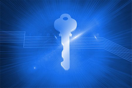Digitally generated glowing key on blue background Stock Photo - Budget Royalty-Free & Subscription, Code: 400-07181735