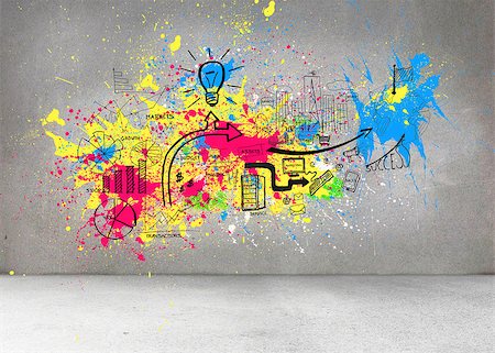 simsearch:400-05677233,k - Colorful splashes on grey wall with graphics Stock Photo - Budget Royalty-Free & Subscription, Code: 400-07182565