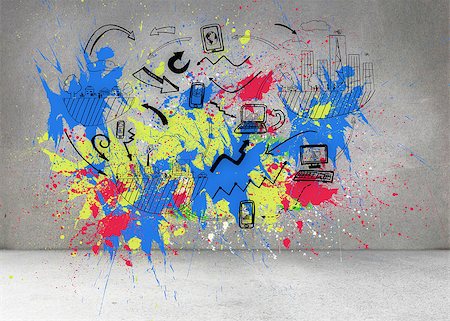 simsearch:400-05677233,k - Colorful splashes on grey wall with graphics Stock Photo - Budget Royalty-Free & Subscription, Code: 400-07182567